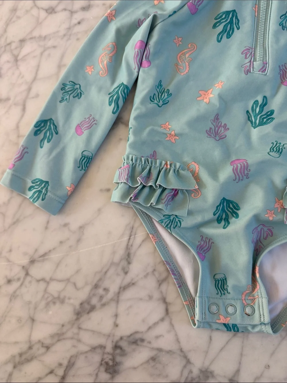 Ruffle Swim LS Suit Sz 18 Mo Jelly Fish Seaweed Print Carters